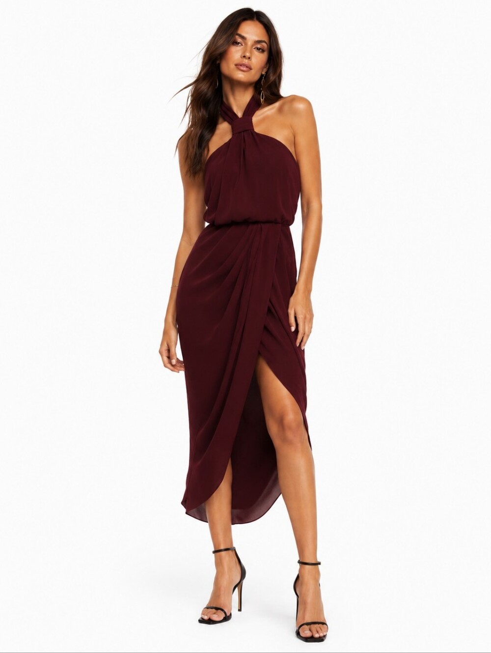 Shona Joy Burgundy Halter Draped Midi Dress size 2